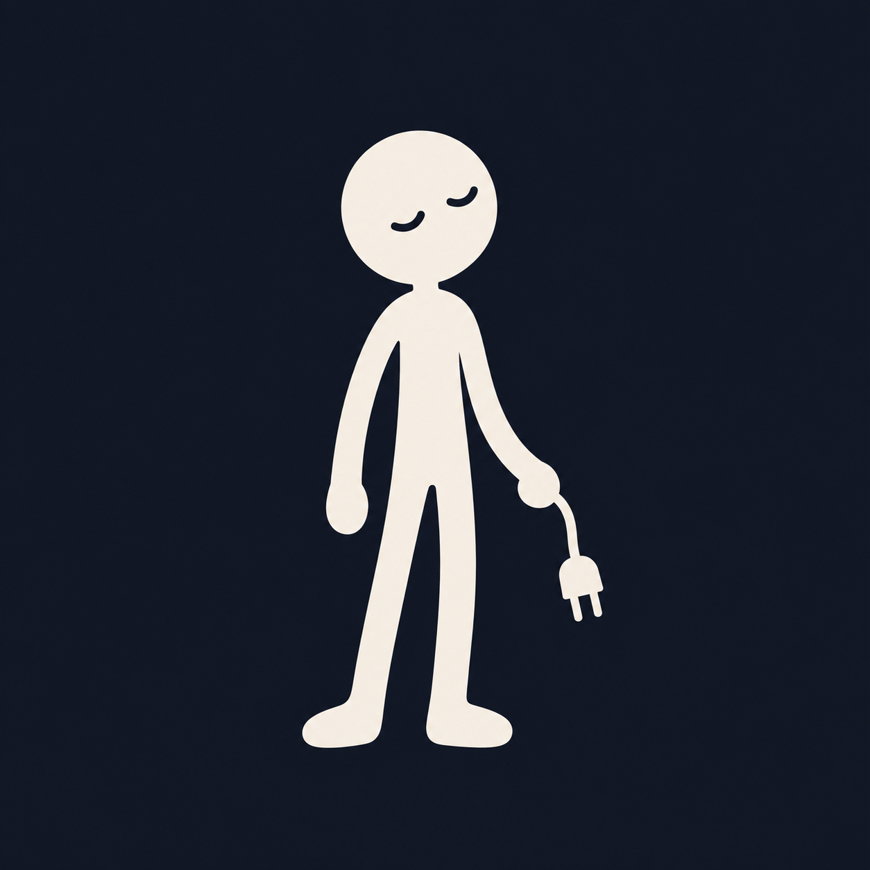 A contented stickman with closed eyes, holding an unplugged cable.